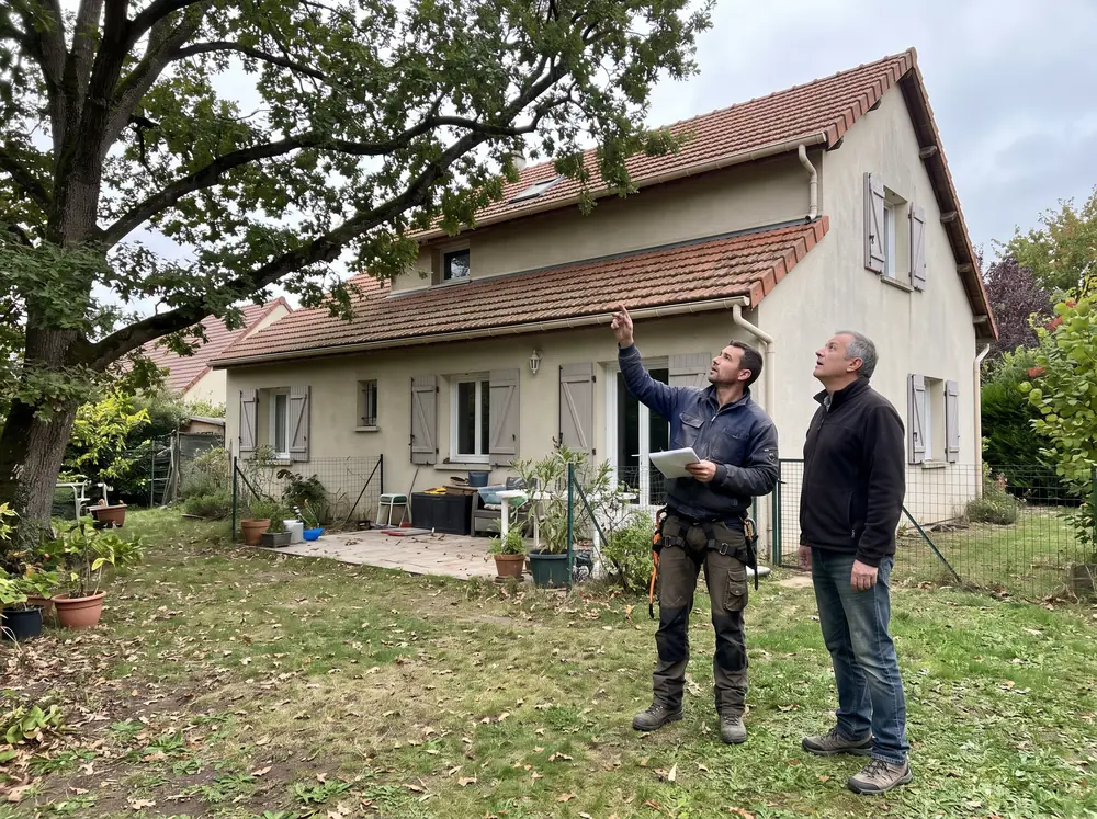 L’artisan explique les travaux au propriétaire, devant l’arbre
